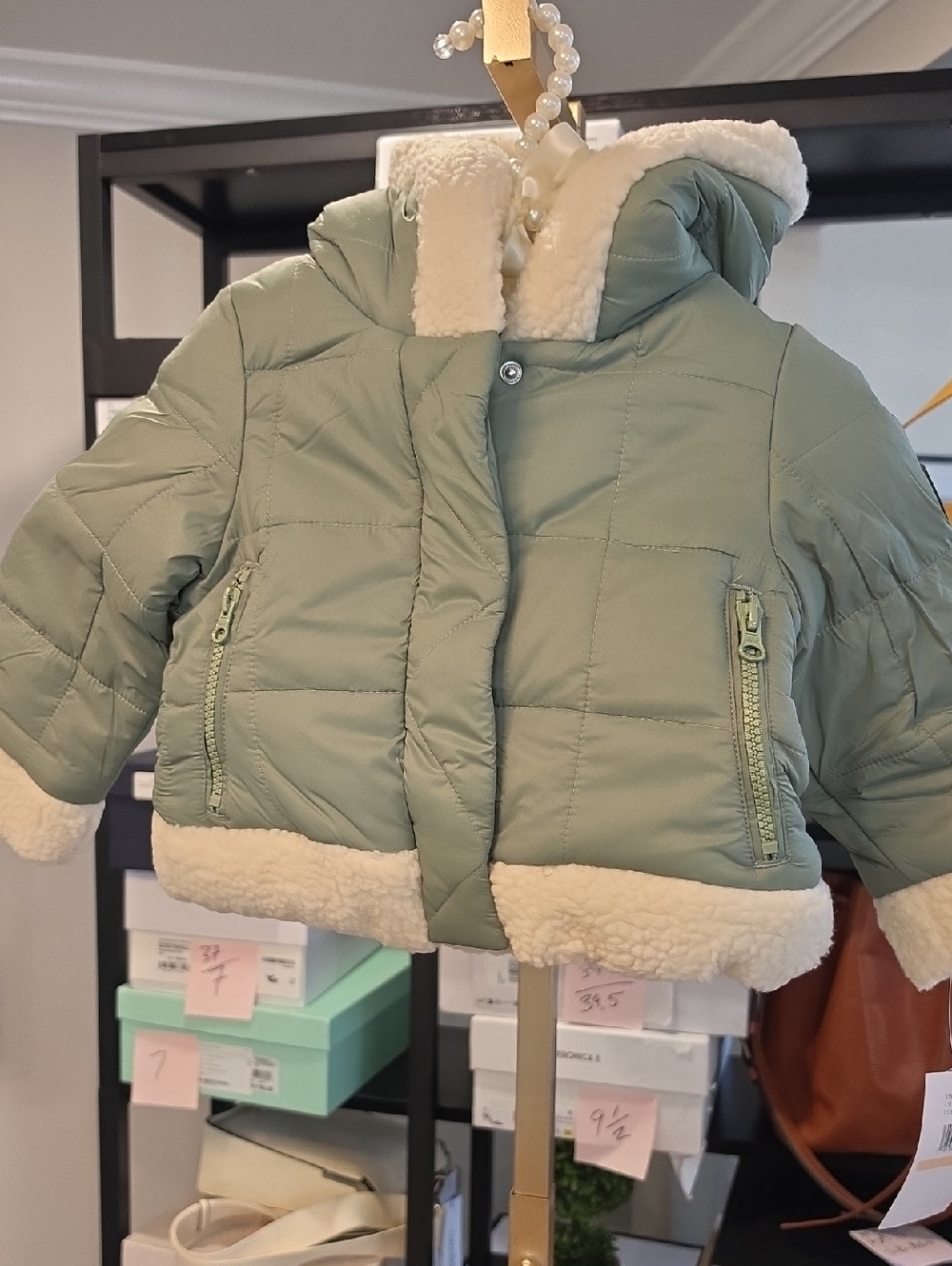 London Fog Kids Mint Green Puffer Jacket with Cream Sherpa Trim